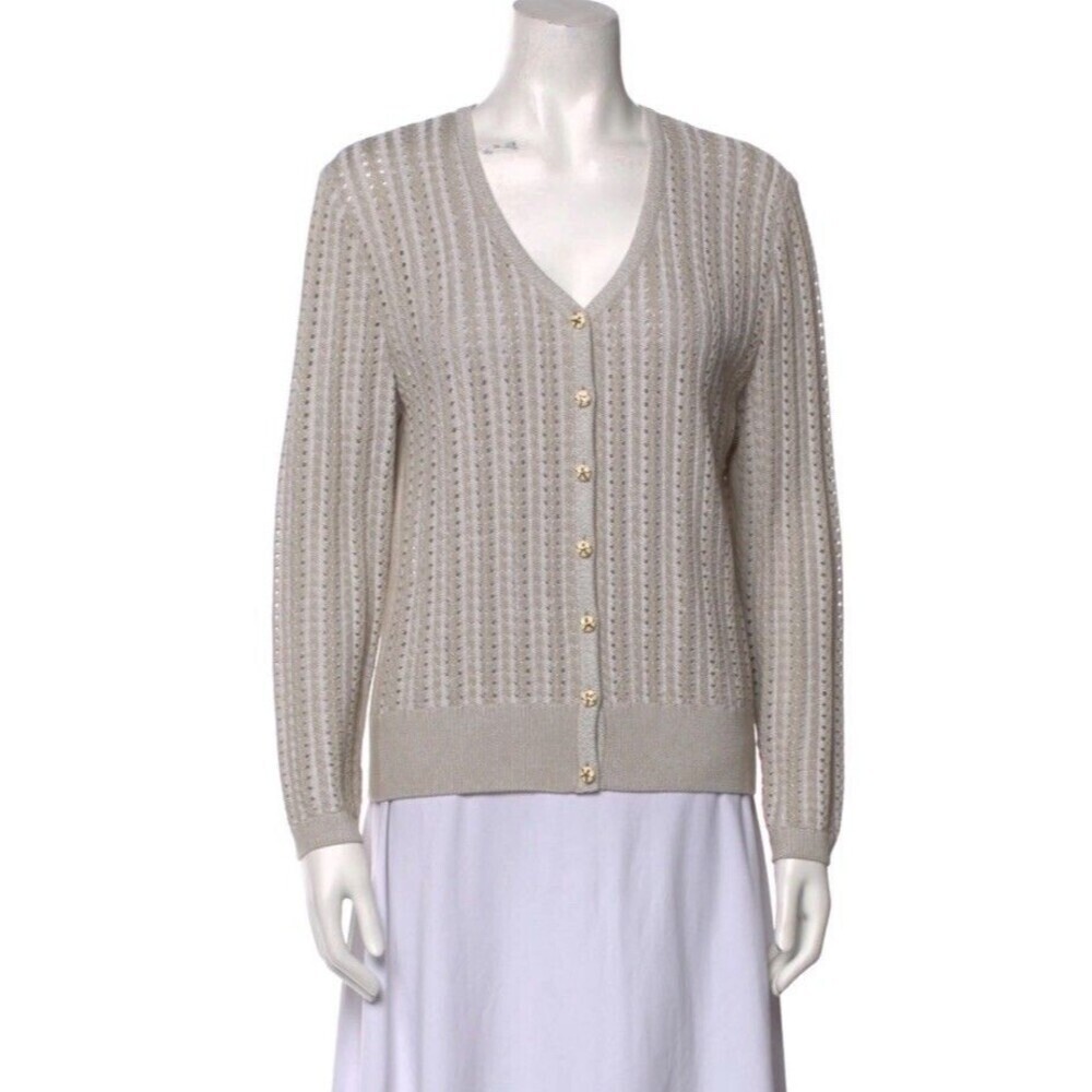 St John Sport Marie Gray Tan Gold Starfish Button Up Cardigan Wool Blend Sz L